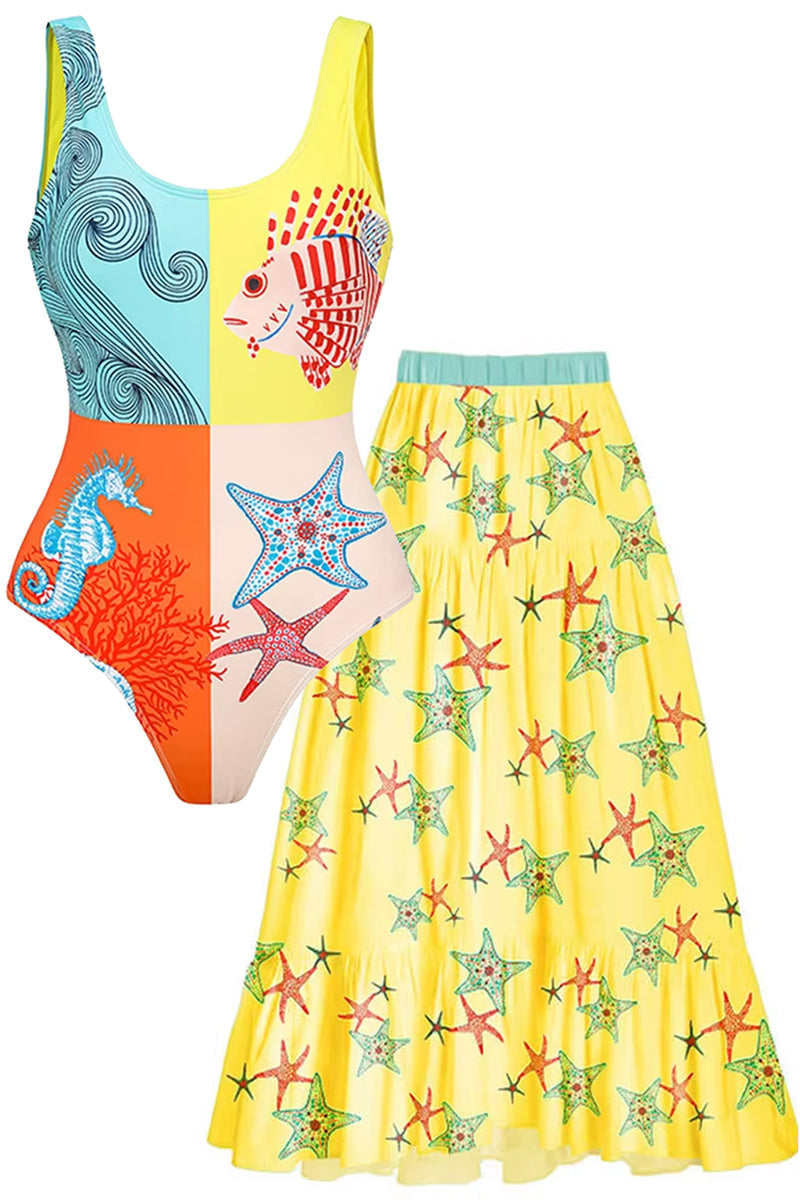 Ocean Bloom One-Piece Swimsuit & Starfish Maxi Skirt Set – Vibrant Coastal Resortwear by Peach Motel