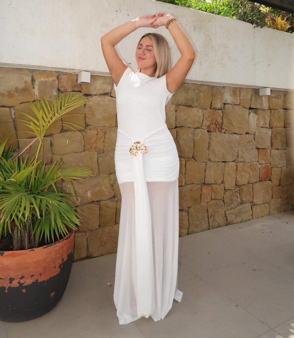 Ivory Sheer Panel Maxi Dress with Gold Brooch Detail – Elegant Boat Neck Ruched Evening Gown