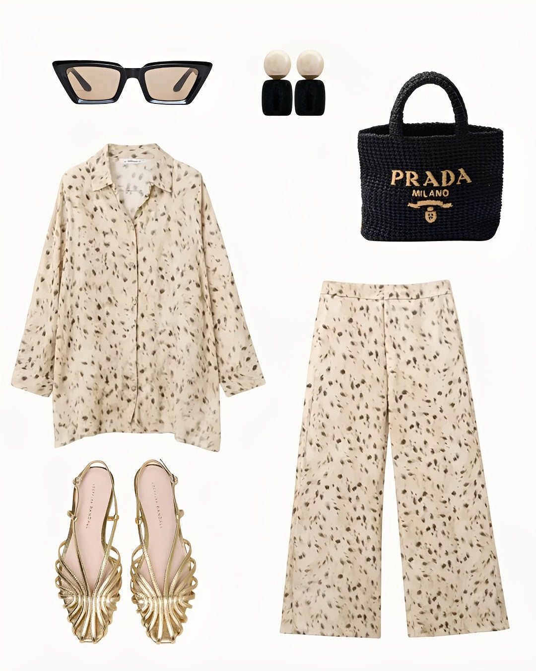 Leopard Print Matching Set – Lightweight Button Down Shirt & Wide Leg Pants Set – Cream Animal Print Two Piece Set