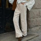 Peach Motel Corduroy Wide-Leg Pants – High-Waisted Neutral Trousers