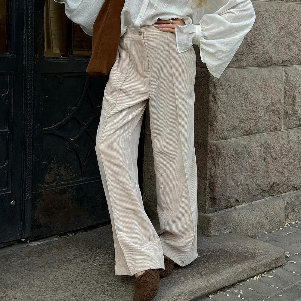 Peach Motel Corduroy Wide-Leg Pants – High-Waisted Neutral Trousers