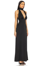 Black Halter Plunge Maxi Dress with Scarf Neck – Peach Motel