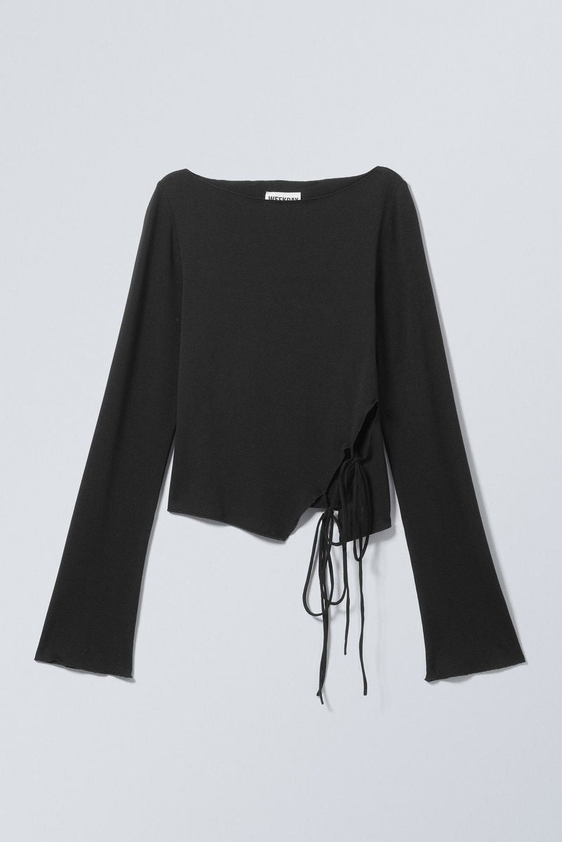 Asymmetrical Lace-Up Black Long Sleeve Top – Edgy Cutout Detail
