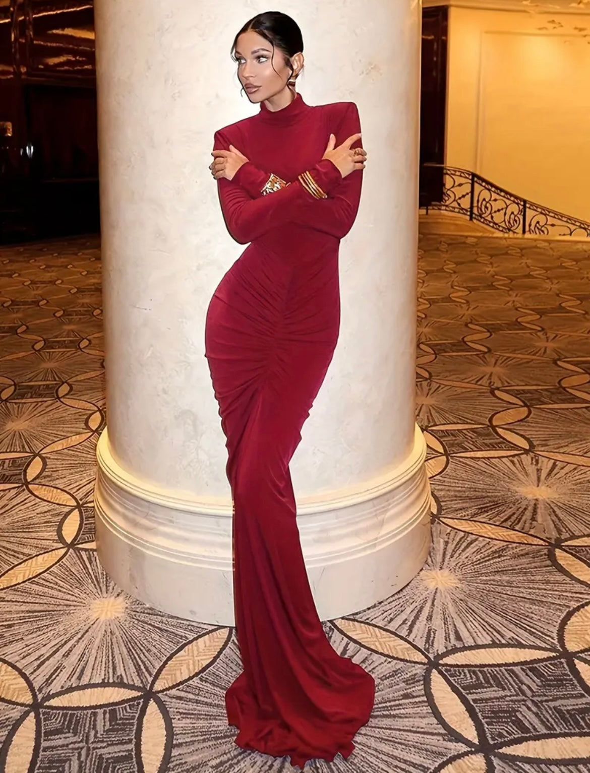 Burgundy High Neck Long Sleeve Ruched Maxi Gown