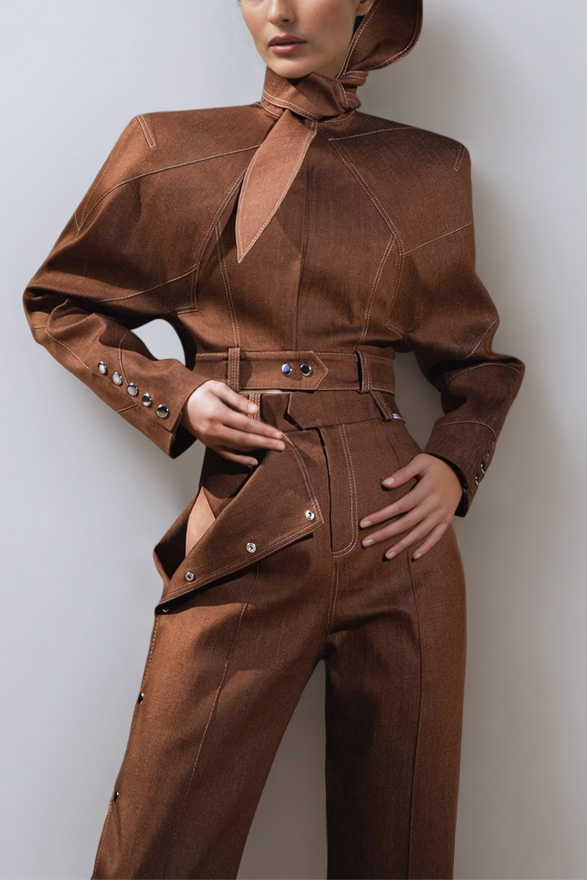 Women’s Brown Wide-Leg Pants with Side Button Detailing – Designer-Inspired 2025 Trend