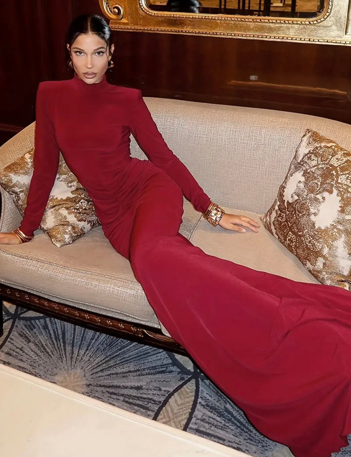Burgundy High Neck Long Sleeve Ruched Maxi Gown