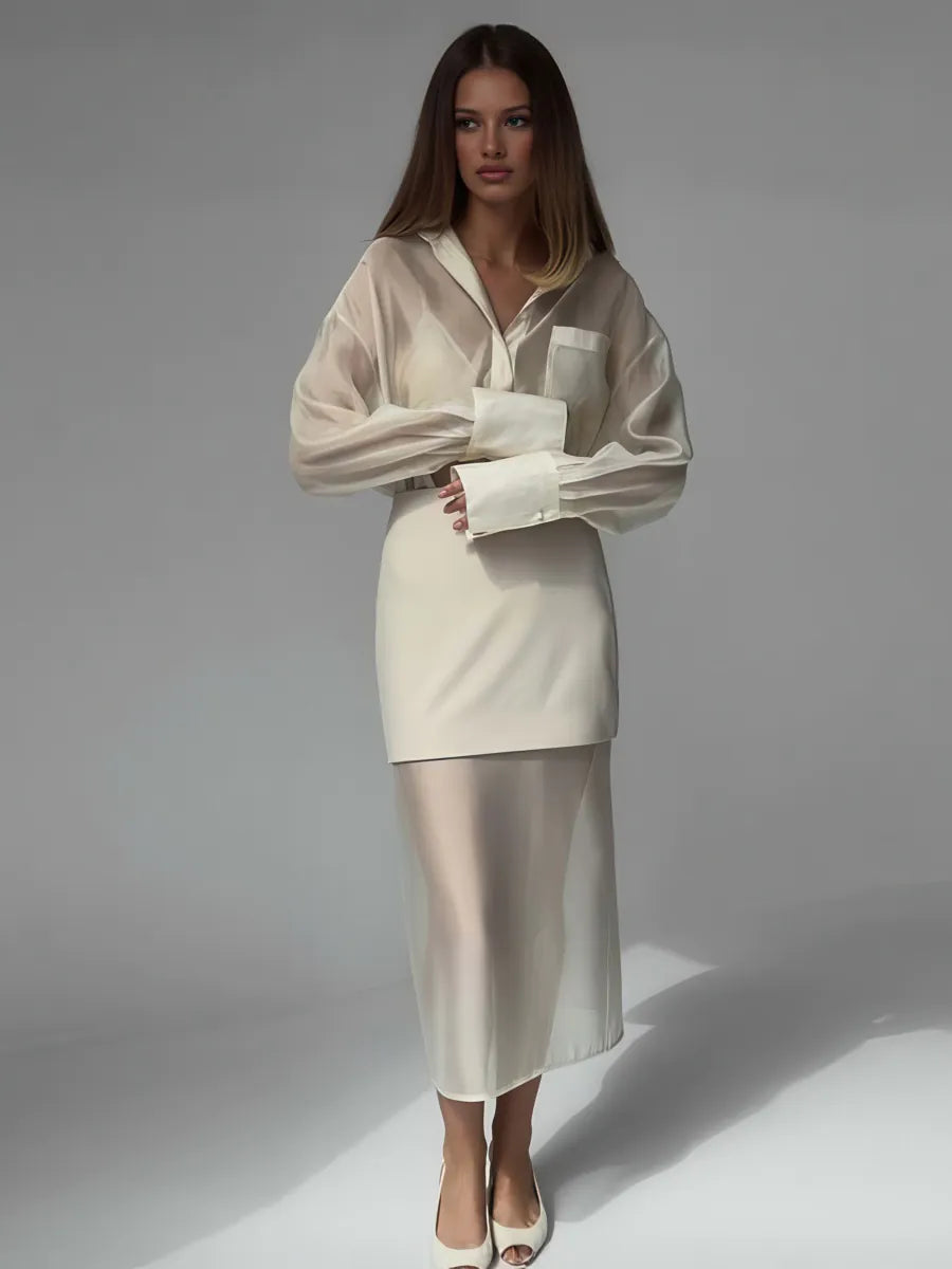 Ethereal Sheer Silk Set – Luxe Cream Shirt & Midi Skirt