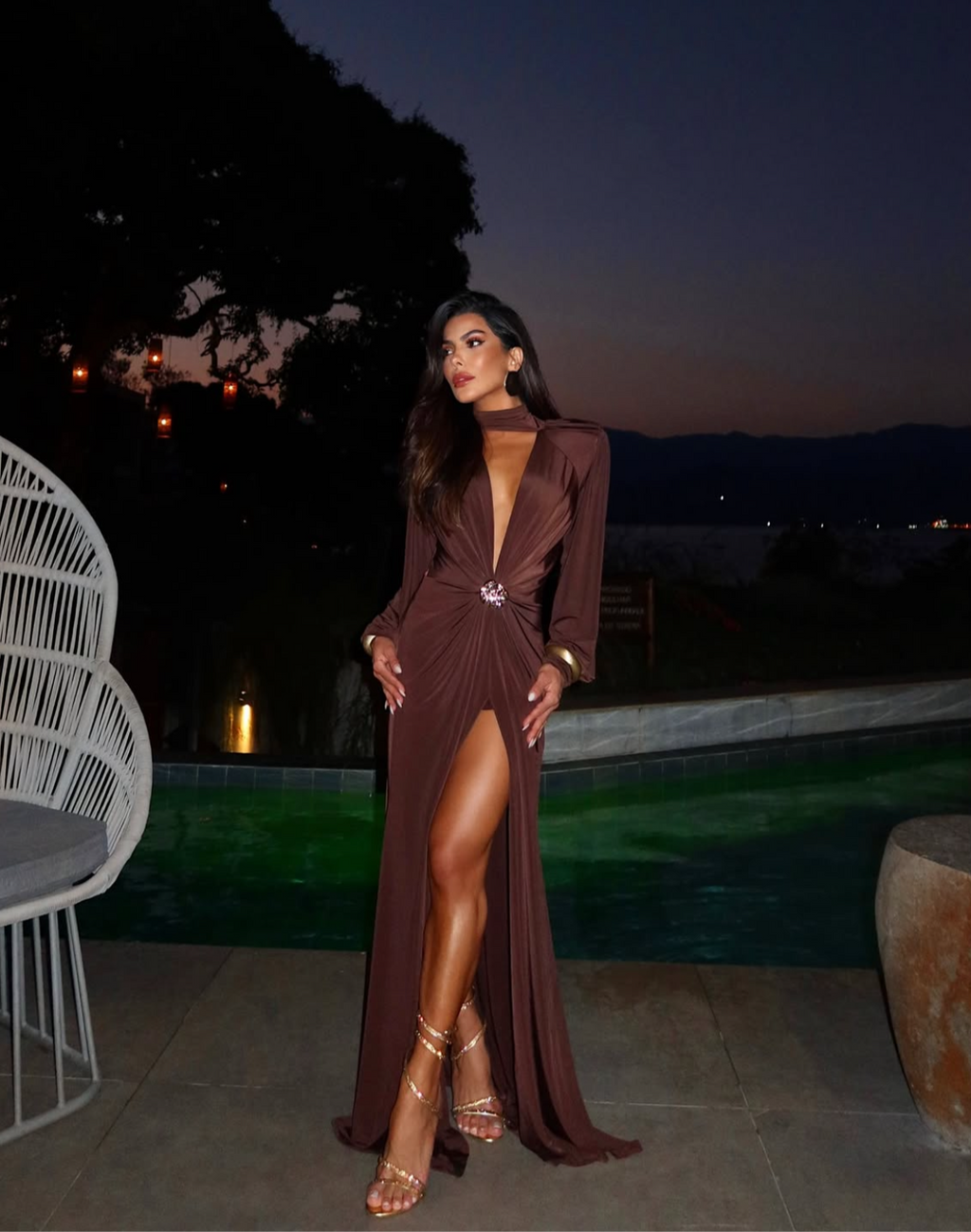 Peach Motel Deep Plunge Satin Maxi Dress – Chocolate Brown Evening Gown with High Slit
