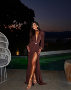 Peach Motel Deep Plunge Satin Maxi Dress – Chocolate Brown Evening Gown with High Slit