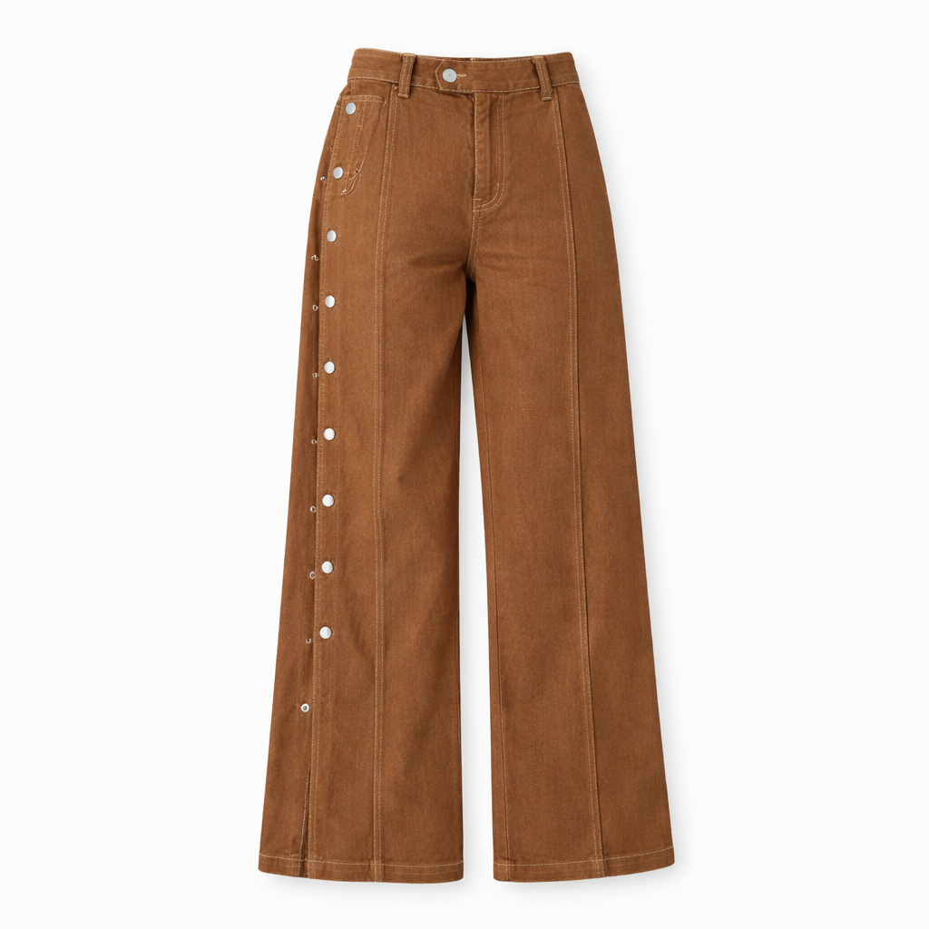 Women’s Brown Wide-Leg Pants with Side Button Detailing – Designer-Inspired 2026 Trend