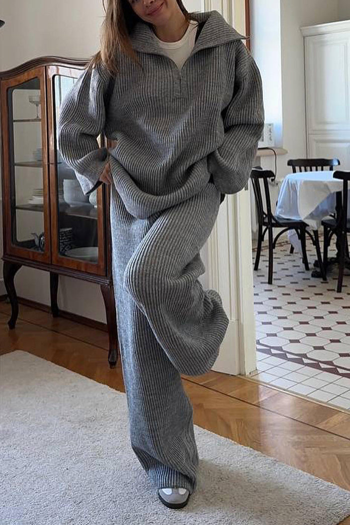 Cozy Ribbed Knit Loungewear Set – Wide Leg Pants & Half-Zip Sweater