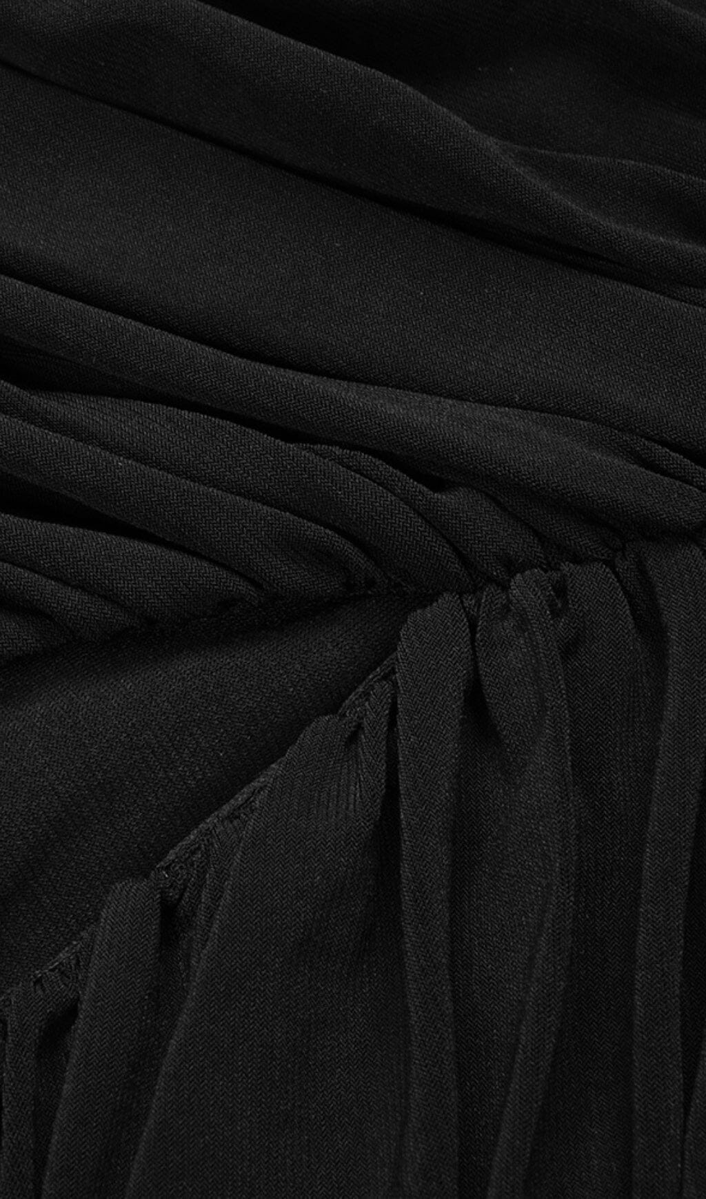 Midnight Siren Black Ruched Strapless Gown – Peach Motel