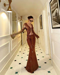 Bronze Sequin Two-Piece Set – Deep Plunge & Flared Skirt