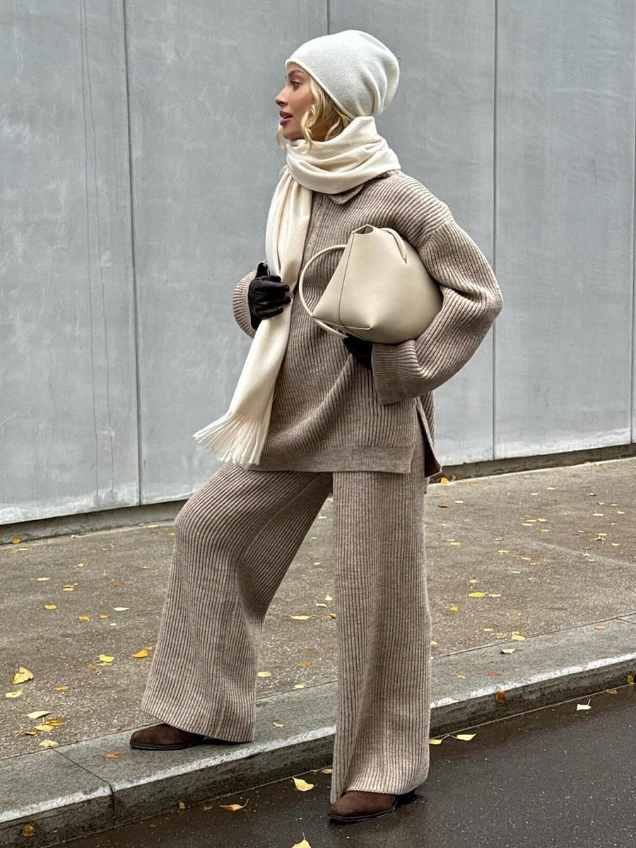 Cozy Ribbed Knit Loungewear Set – Wide Leg Pants & Half-Zip Sweater