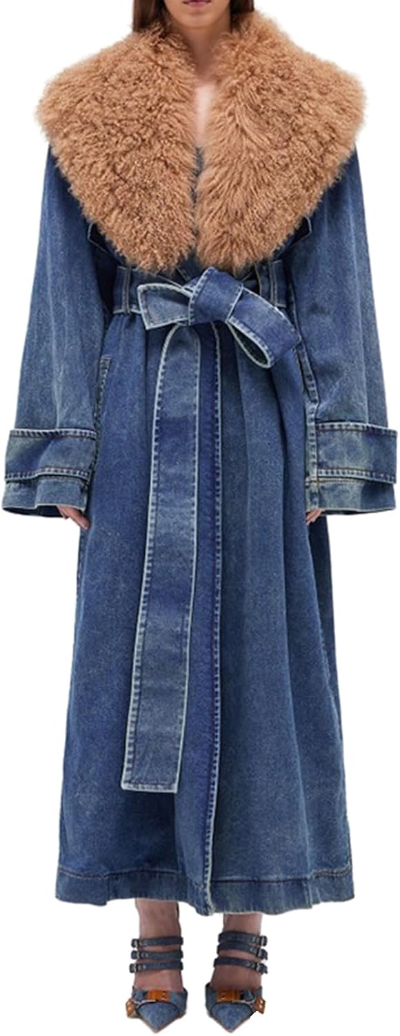 Women’s Long Denim Coat with Oversized Faux Fur Collar – Luxe 2025 Outerwear