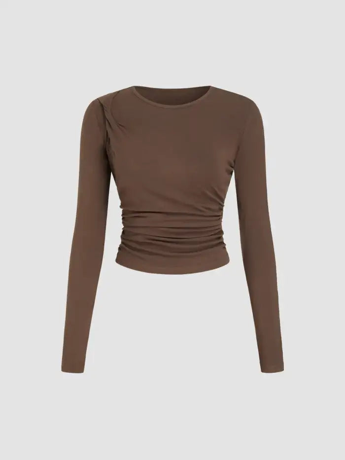 Brown Long Sleeve Ruched Top – Chic Everyday Essential