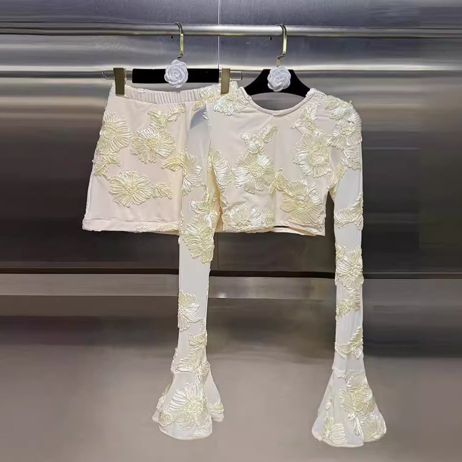 Cream Floral Appliqué Crop Top & Mini Skirt Set – Peach Motel