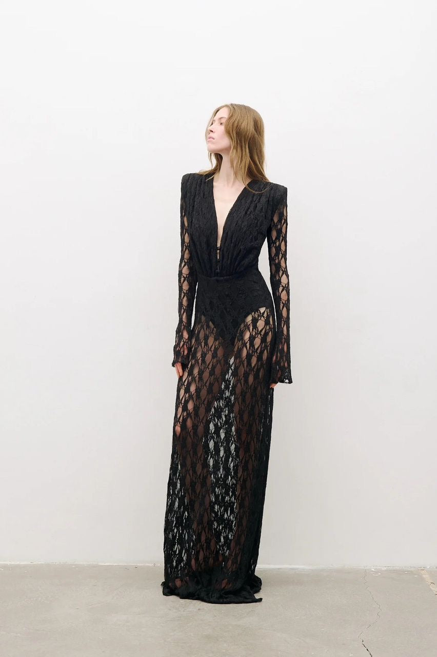 Black Lace Plunge Maxi Dress | Sheer Long Sleeve Evening Dress