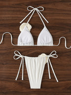 White Rose Appliqué Tie Bikini Set – Peach Motel Swimwear