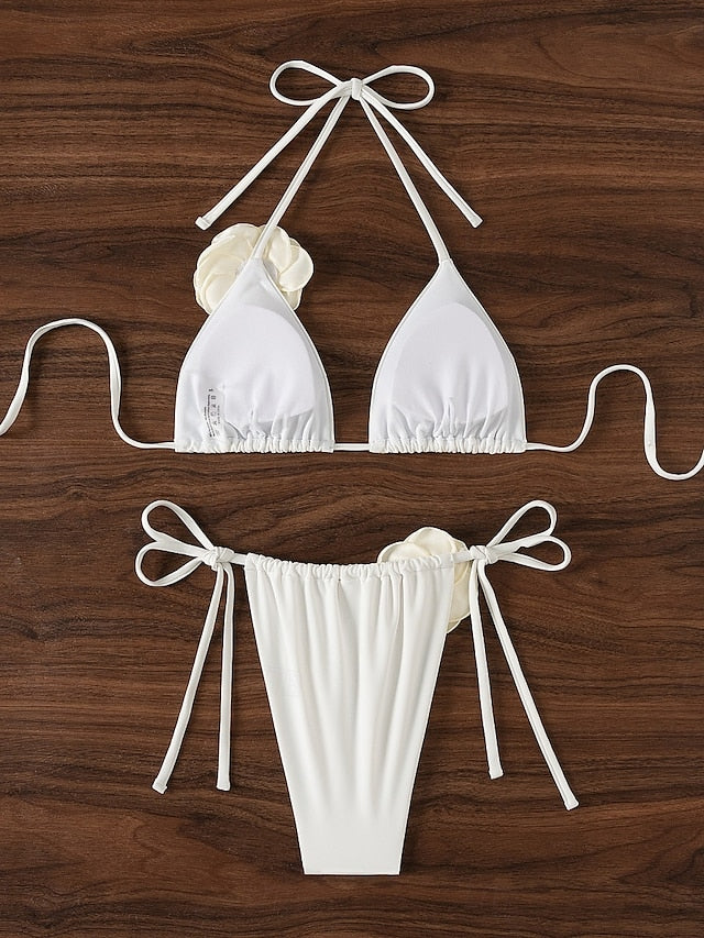 White Rose Appliqué Tie Bikini Set – Peach Motel Swimwear
