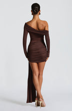 Chocolate Drape Mini Dress – One Shoulder Ruched Bodycon Dress with Side Train | Peach Motel