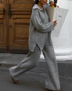 Cozy Ribbed Knit Loungewear Set – Wide Leg Pants & Half-Zip Sweater