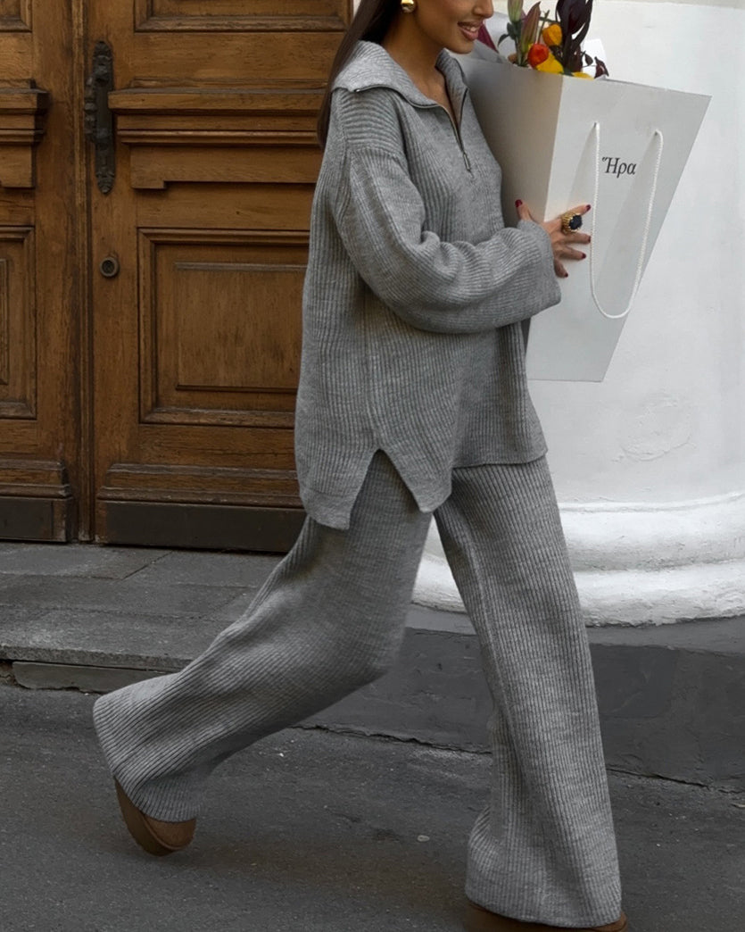 Cozy Ribbed Knit Loungewear Set – Wide Leg Pants & Half-Zip Sweater
