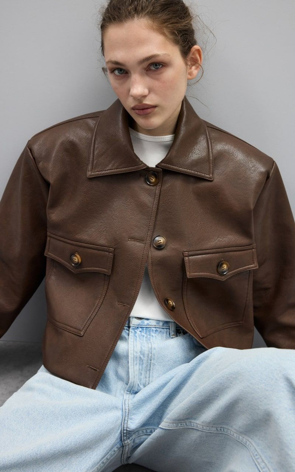 Cropped Brown Leather Jacket with Utility Pockets | Peach Motel