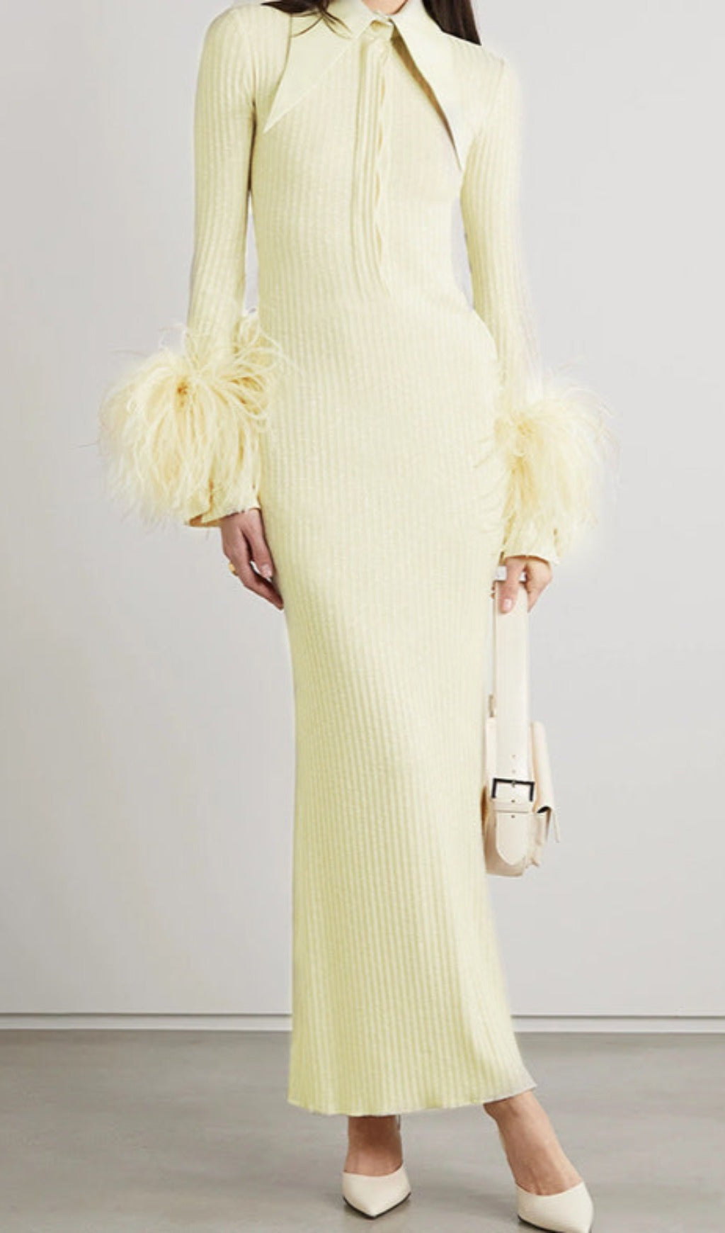 Luxury Ribbed Midi Dress with Feather Cuffs – Peach Motel