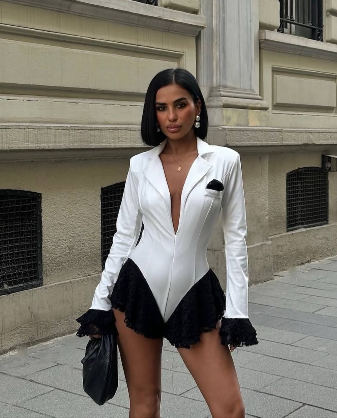 Women’s White Tuxedo-Inspired Lace Trim Bodysuit – Glamorous 2025 Eveningwear