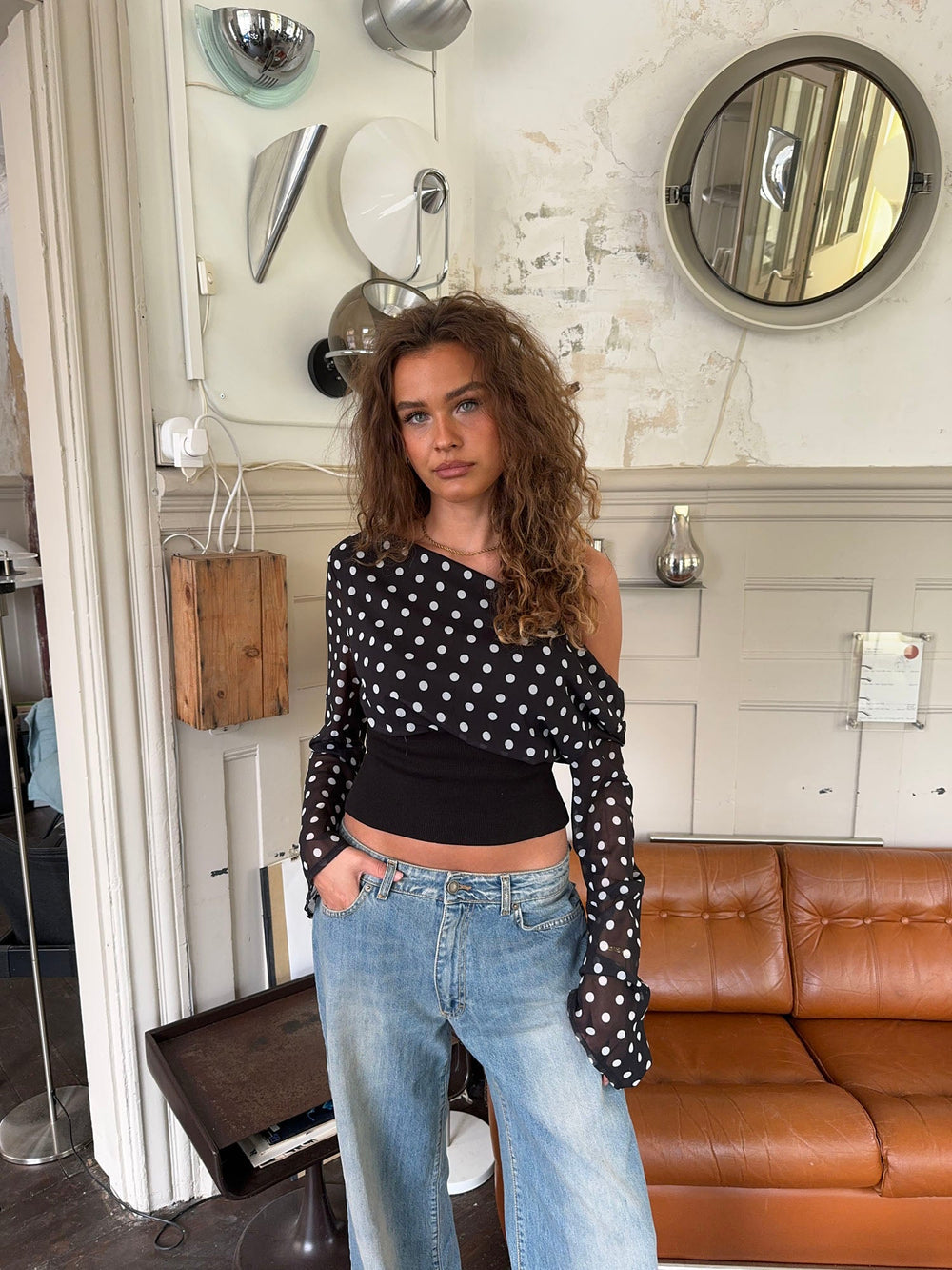 Polka Dot One-Shoulder Mesh Blouse – Chic Asymmetrical Statement Top | Peach Motel