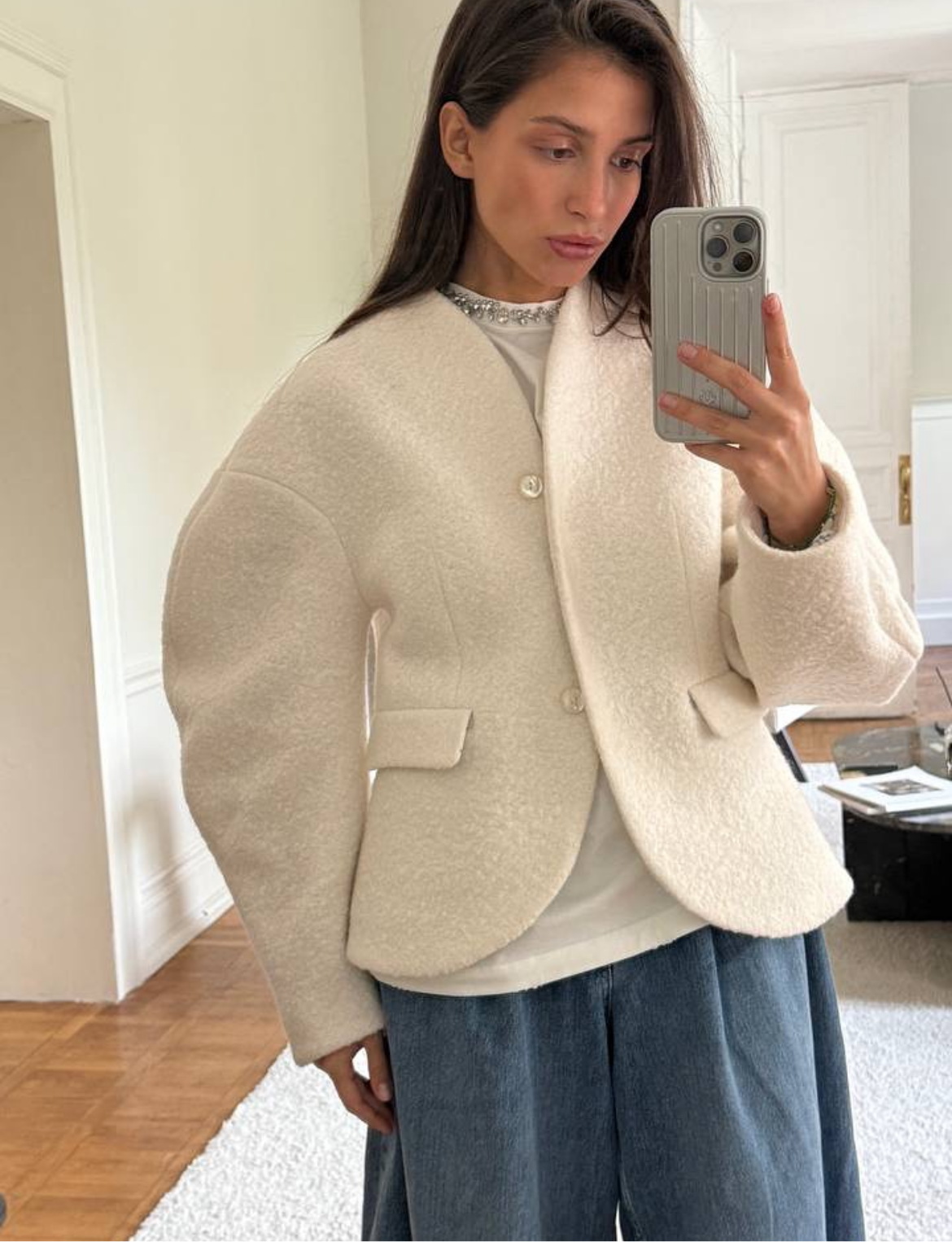 Cropped Wool-Blend Textured Jacket – Cream White