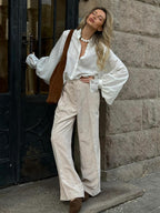 Peach Motel Corduroy Wide-Leg Pants – High-Waisted Neutral Trousers