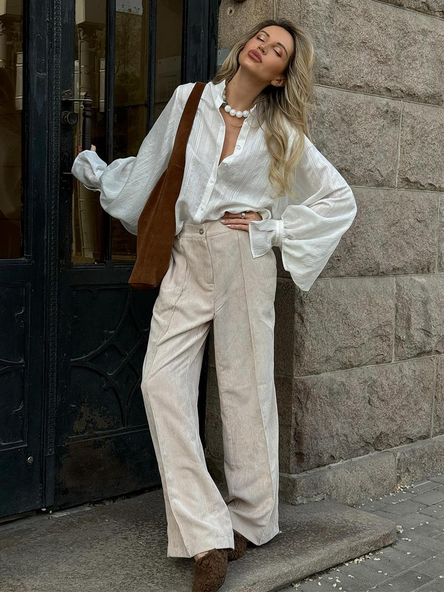 Peach Motel Corduroy Wide-Leg Pants – High-Waisted Neutral Trousers