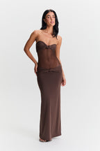 Chocolate Mesh Knot Detail Maxi Dress – Elegant Sheer Evening Gown