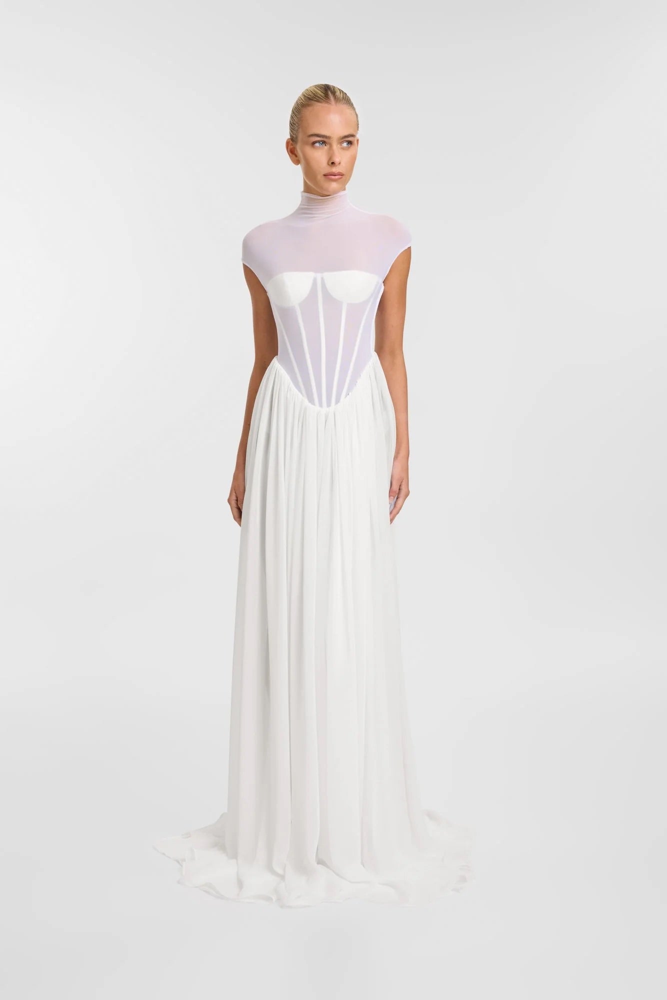 White Illusion Corset Maxi Dress – High Neck Sheer Bodice & Flowing Skirt | Peach Motel