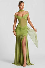 Green Off-Shoulder Mesh Ruched Maxi Dress with High Slit – Peach Motel