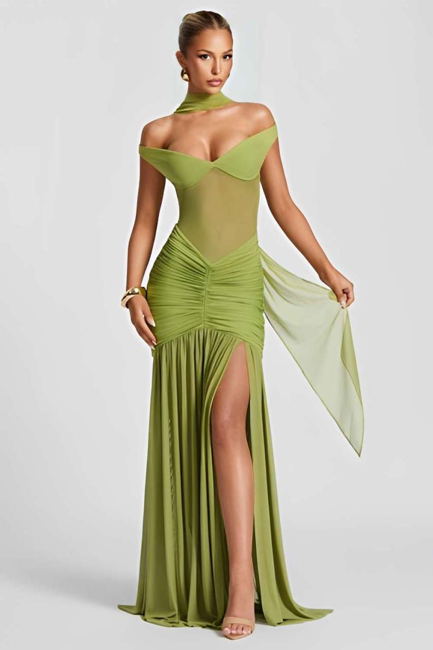 Green Off-Shoulder Mesh Ruched Maxi Dress with High Slit – Peach Motel