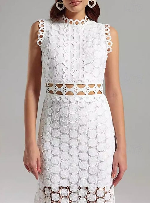 Celestial Circle Lace Two-Piece Maxi Dress – White