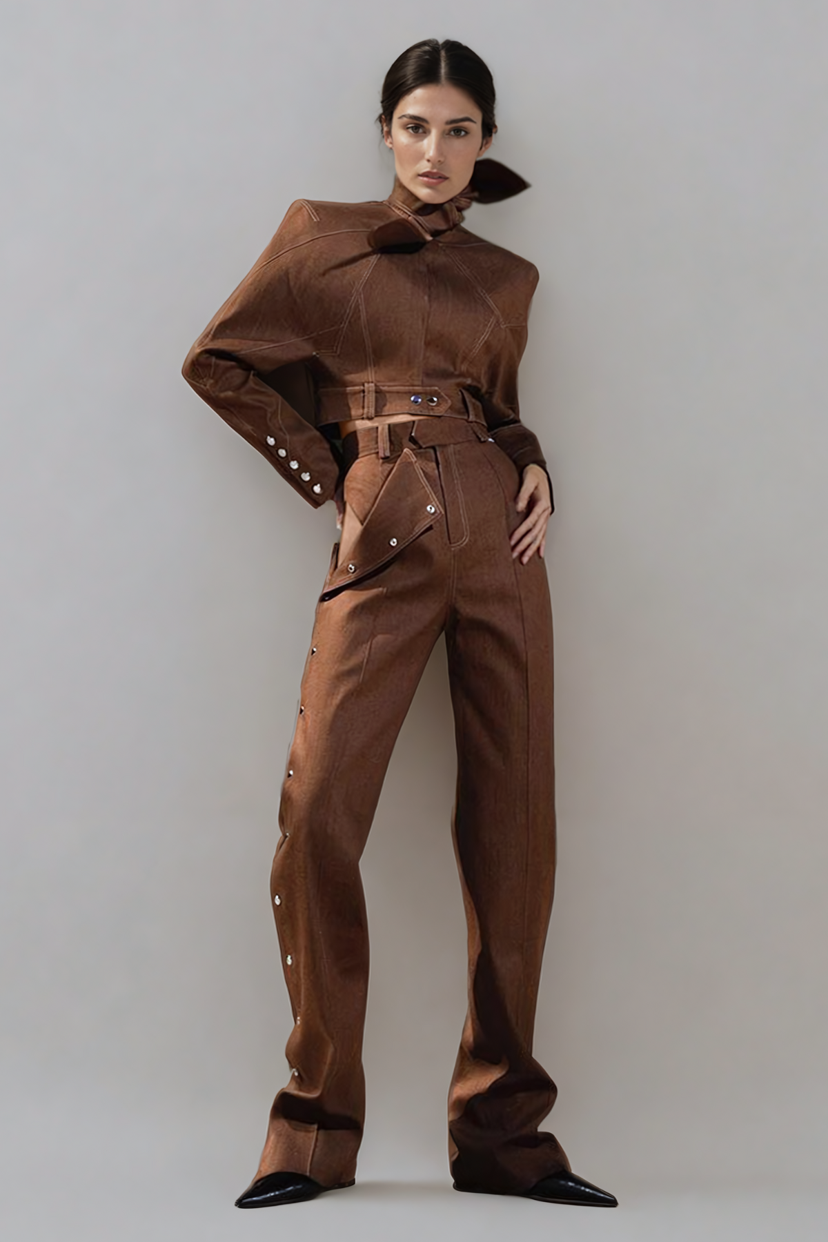 Women’s Brown Wide-Leg Pants with Side Button Detailing – Designer-Inspired 2025 Trend