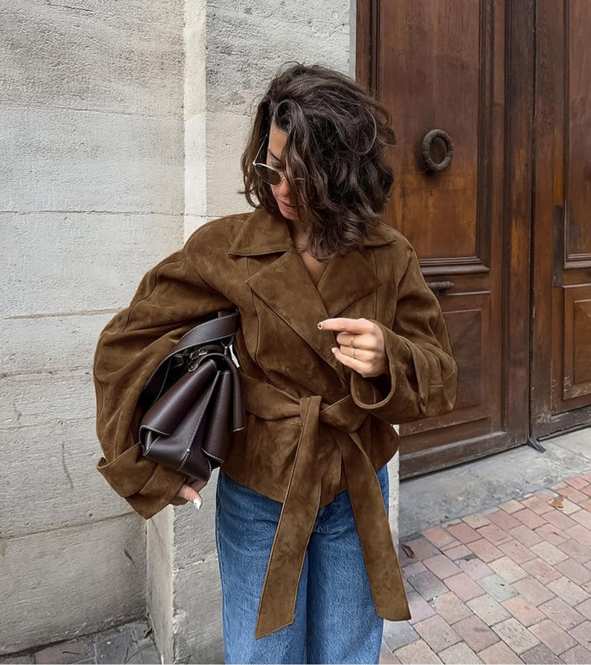 Women’s Brown Suede Tie-Waist Jacket – Chic Oversized Outerwear