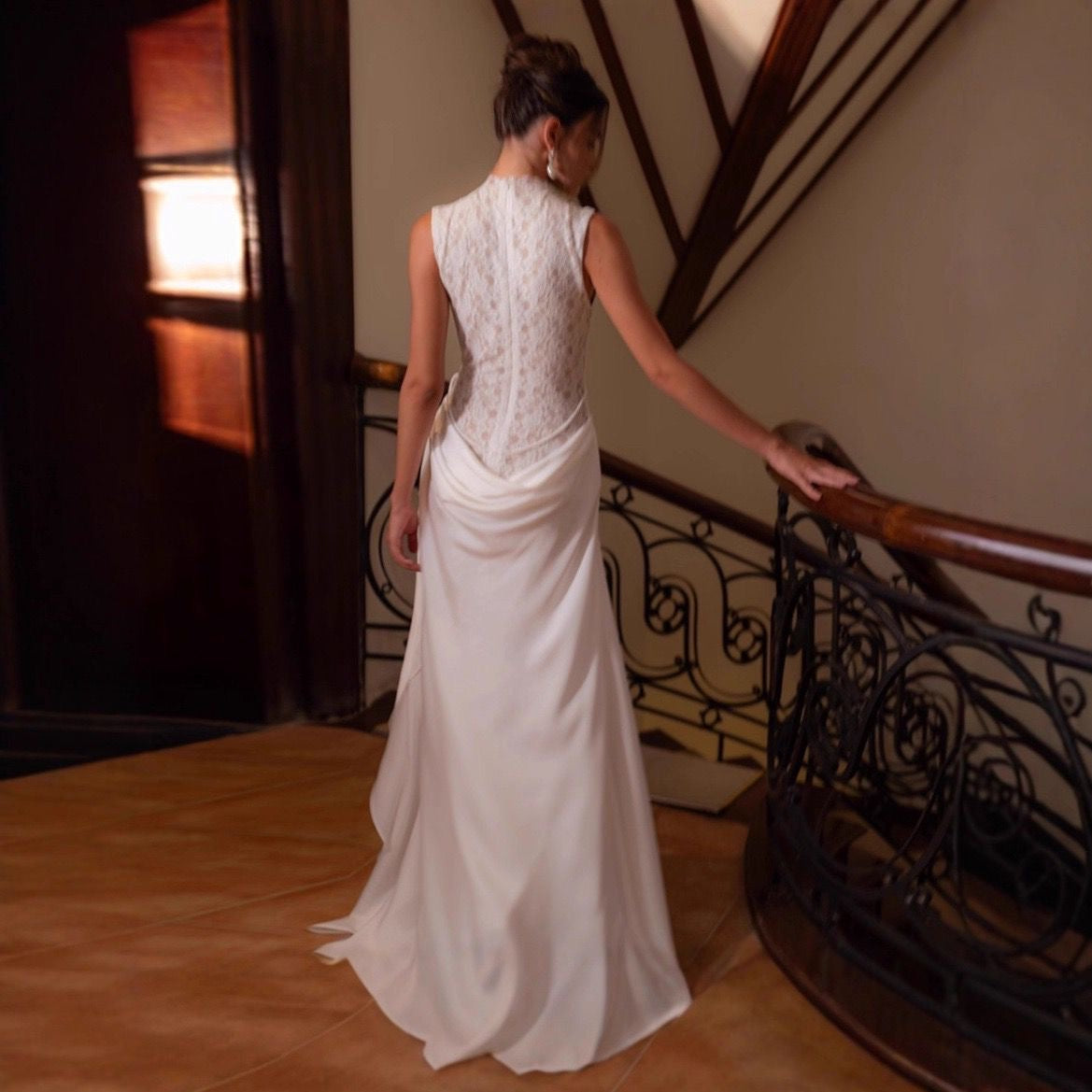 Ivory Lace Maxi Dress with Draped Overlay