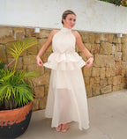 Ivory Halter Ruffle Maxi Dress – Sheer Chiffon Skirt & Peplum Waist