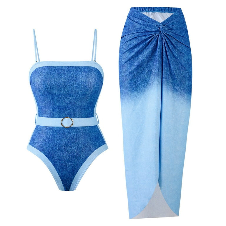 Denim Illusion Belted Swimsuit & Ombre Sarong Set – Peach Motel