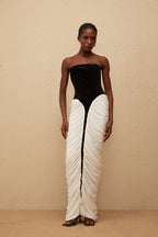 Strapless Black and White Corset Maxi Dress