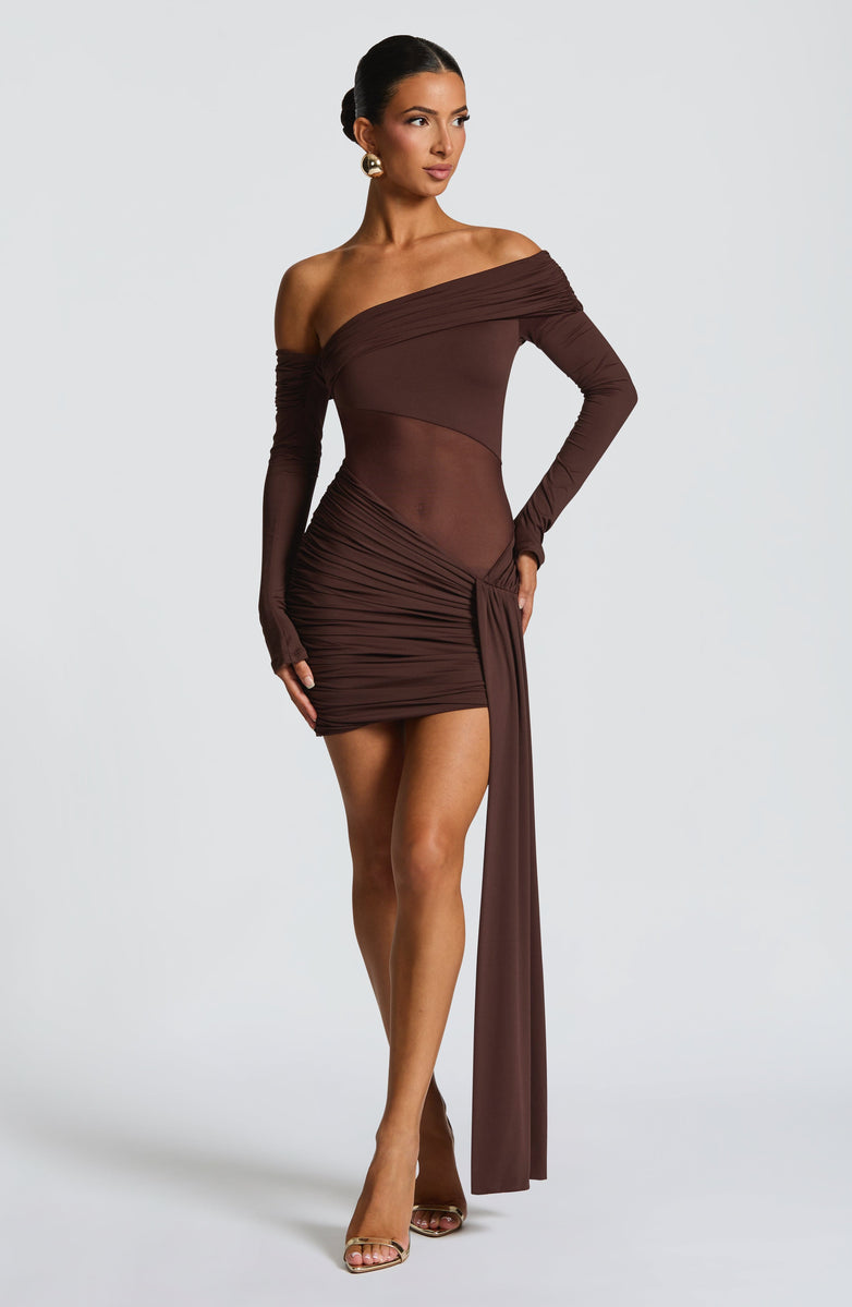 Chocolate Ruched Asymmetrical Maxi Dress