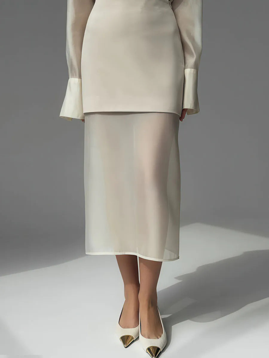 Ethereal Sheer Silk Set – Luxe Cream Shirt & Midi Skirt