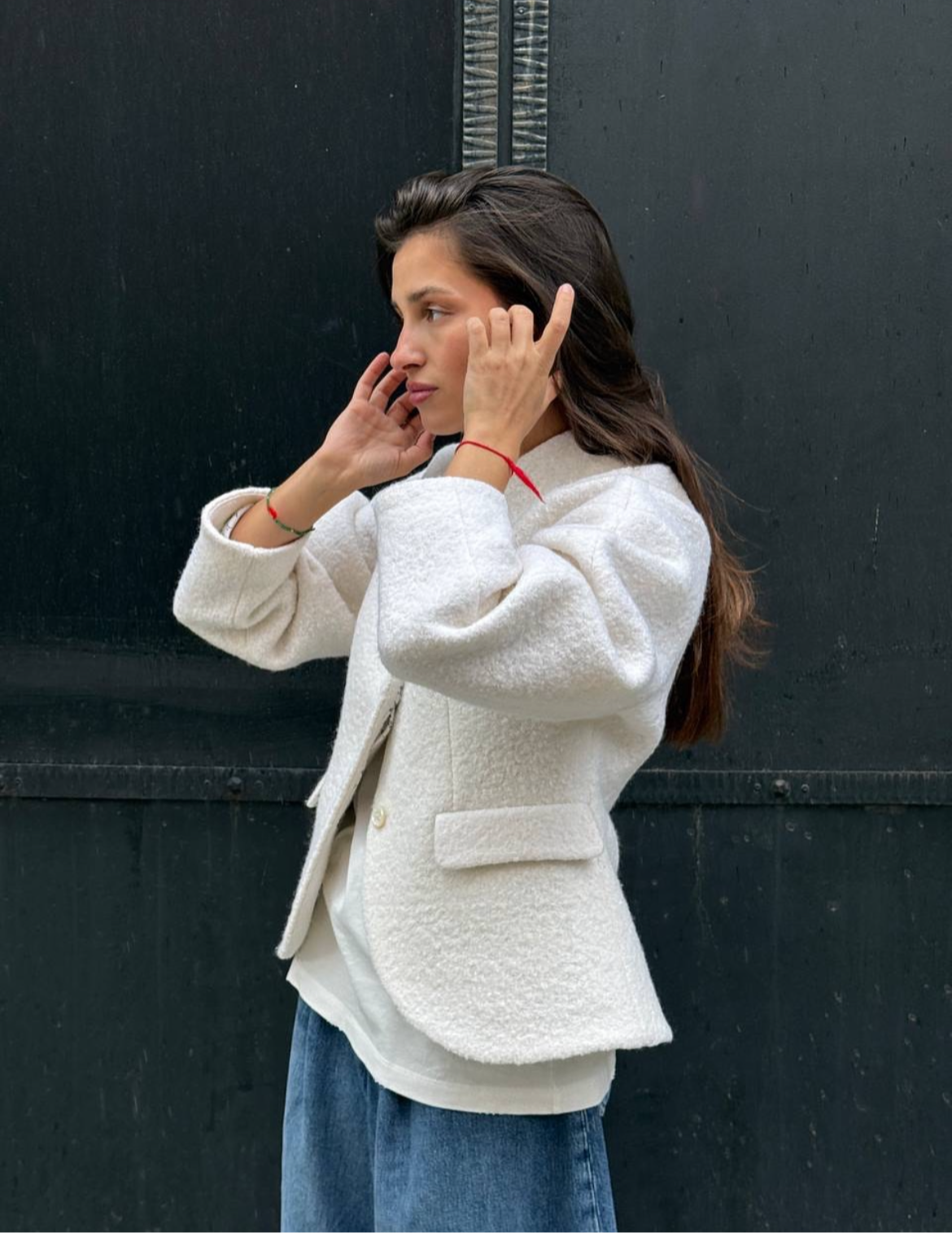 Cropped Wool-Blend Textured Jacket – Cream White