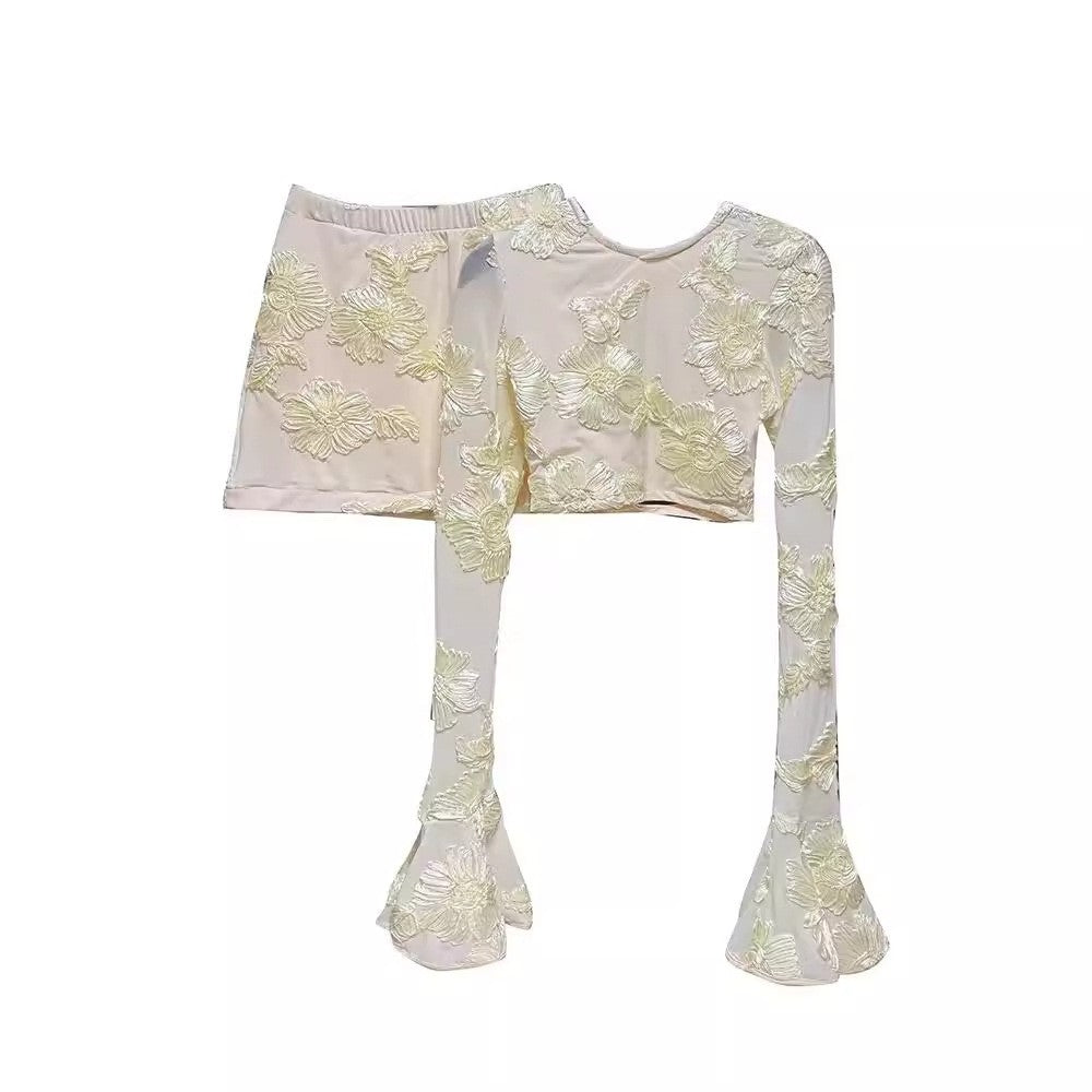 Cream Floral Appliqué Crop Top & Mini Skirt Set – Peach Motel