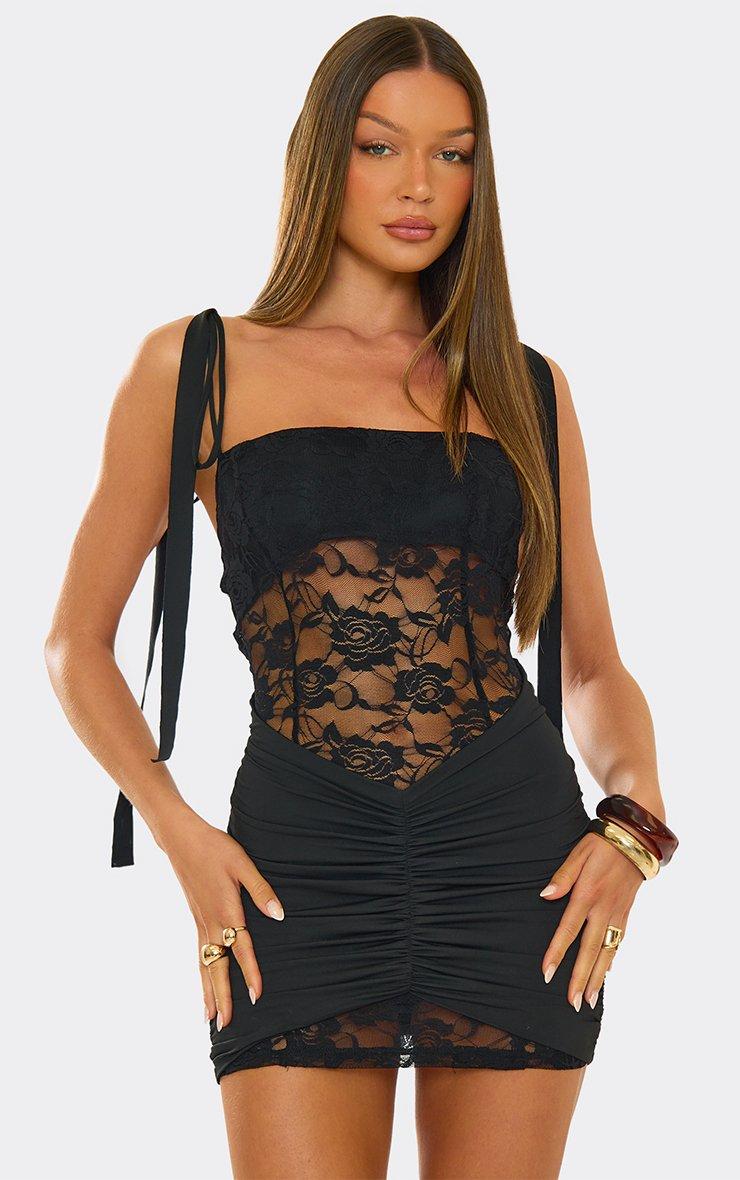 Black Lace Mini Dress with Ruched Detail and Sheer Bodice